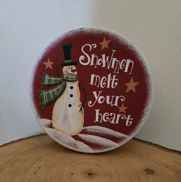 Christmas snowman tin, snowmen melt your heart. Hand painted - Picture 1 of 7